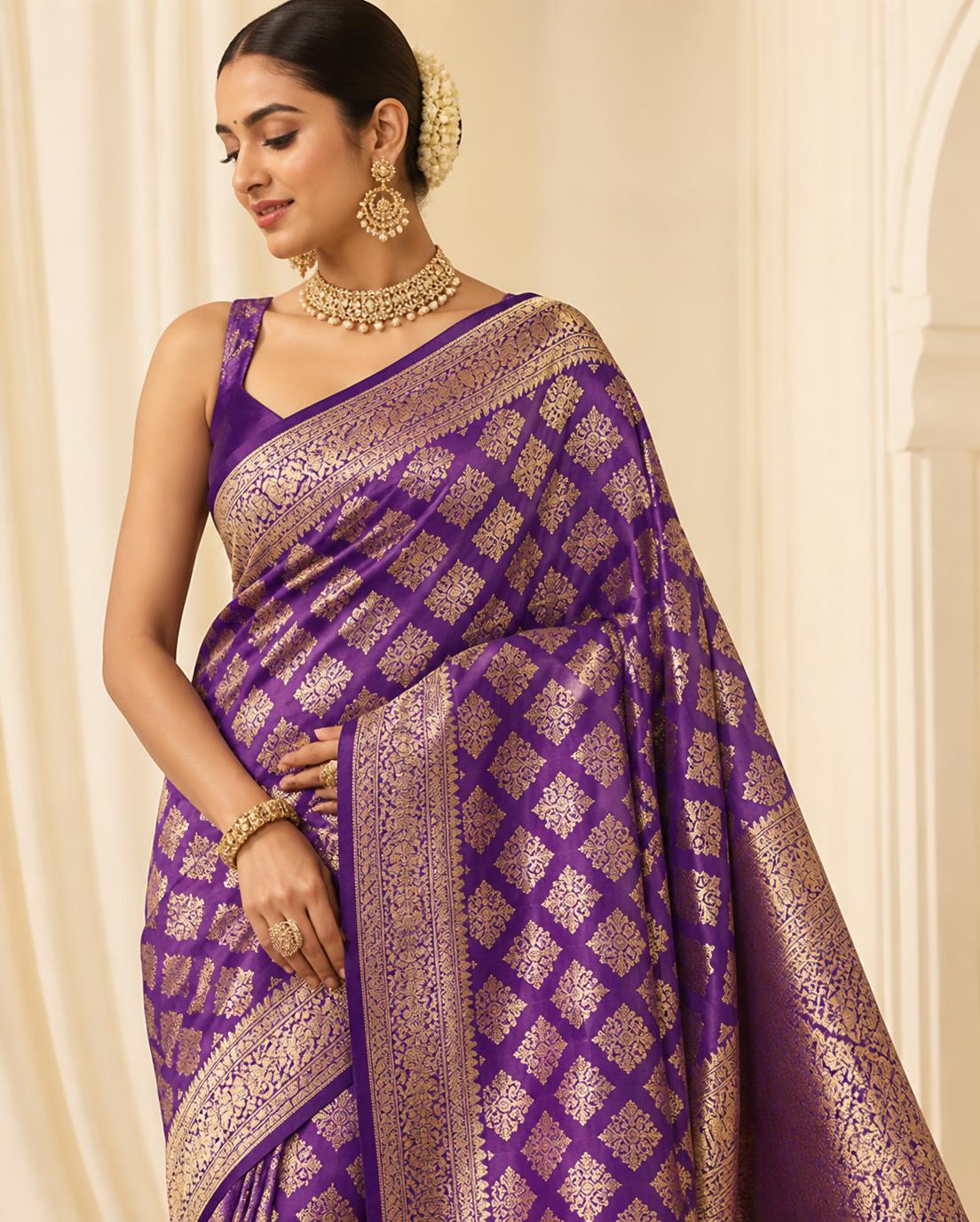 Royal purple Banarasi silk saree with intricate gold brocade jaal weaving