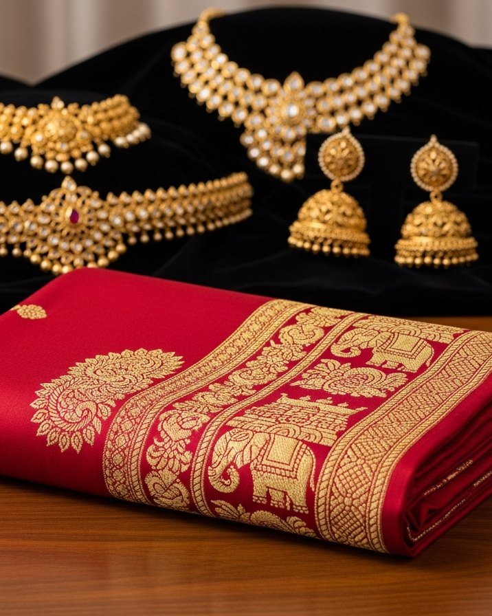 Red and gold bridal silk saree with a temple zari border and bridal jewellery