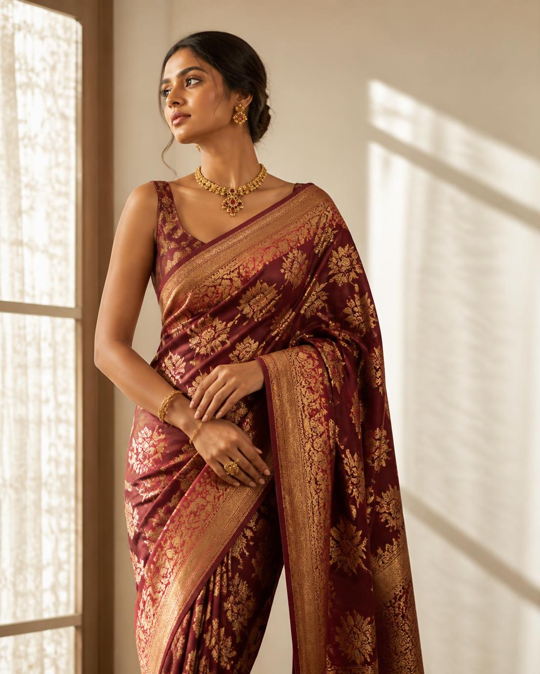 Model wearing a maroon and gold zari silk saree at AP Silk, Bengaluru