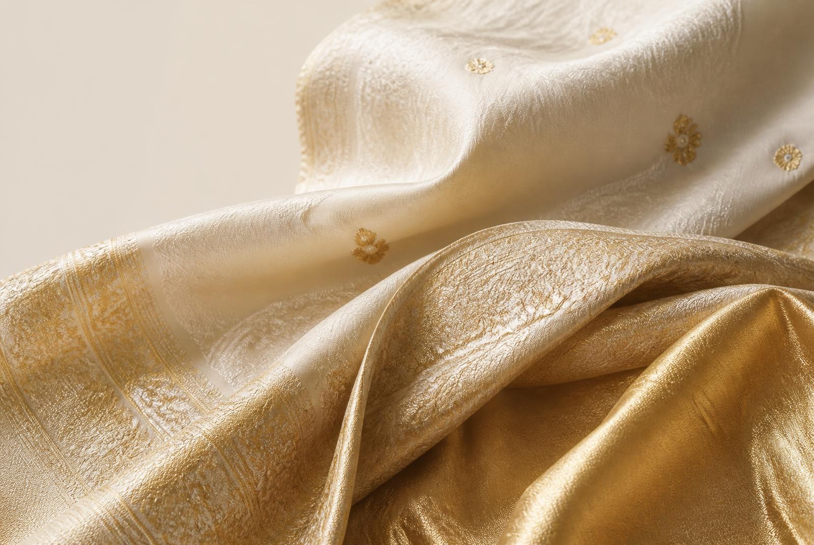 Detail of gold zari weaving on a silk saree