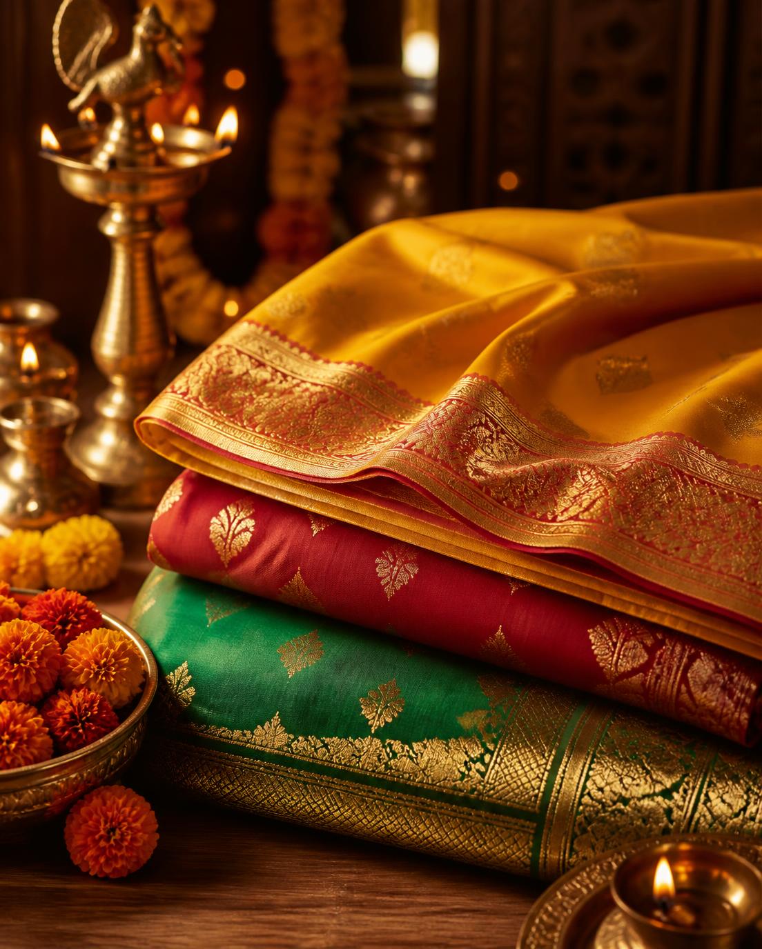 Festive silk sarees in mustard, red and green with gold zari borders beside a brass lamp and marigolds