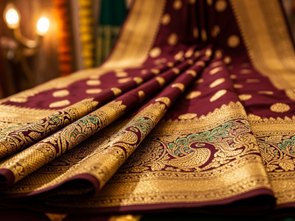 Maroon and gold zari silk saree folded at AP Silk, Byadarahalli