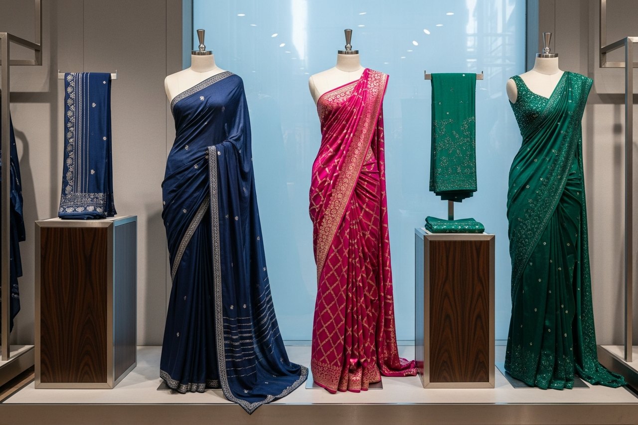 Saree display inside the AP Silk store at Manjunatha Circle, Bengaluru